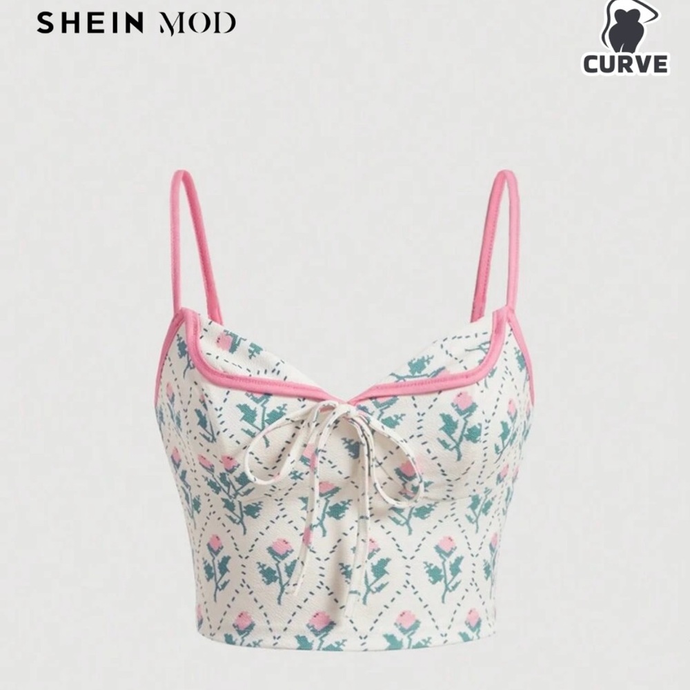 SHEIN Pink and Green Floral Tank Top